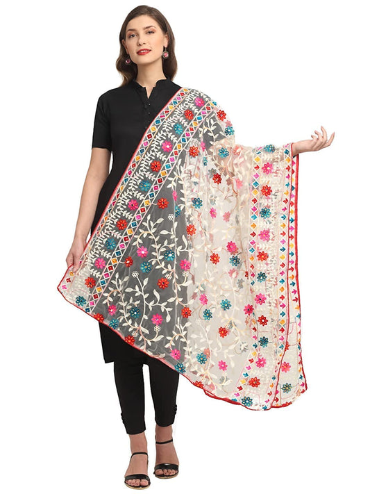 Glamika White Colour Net Embroidered Fancy Phulkari Dupatta for women (White, 2.2 meters)