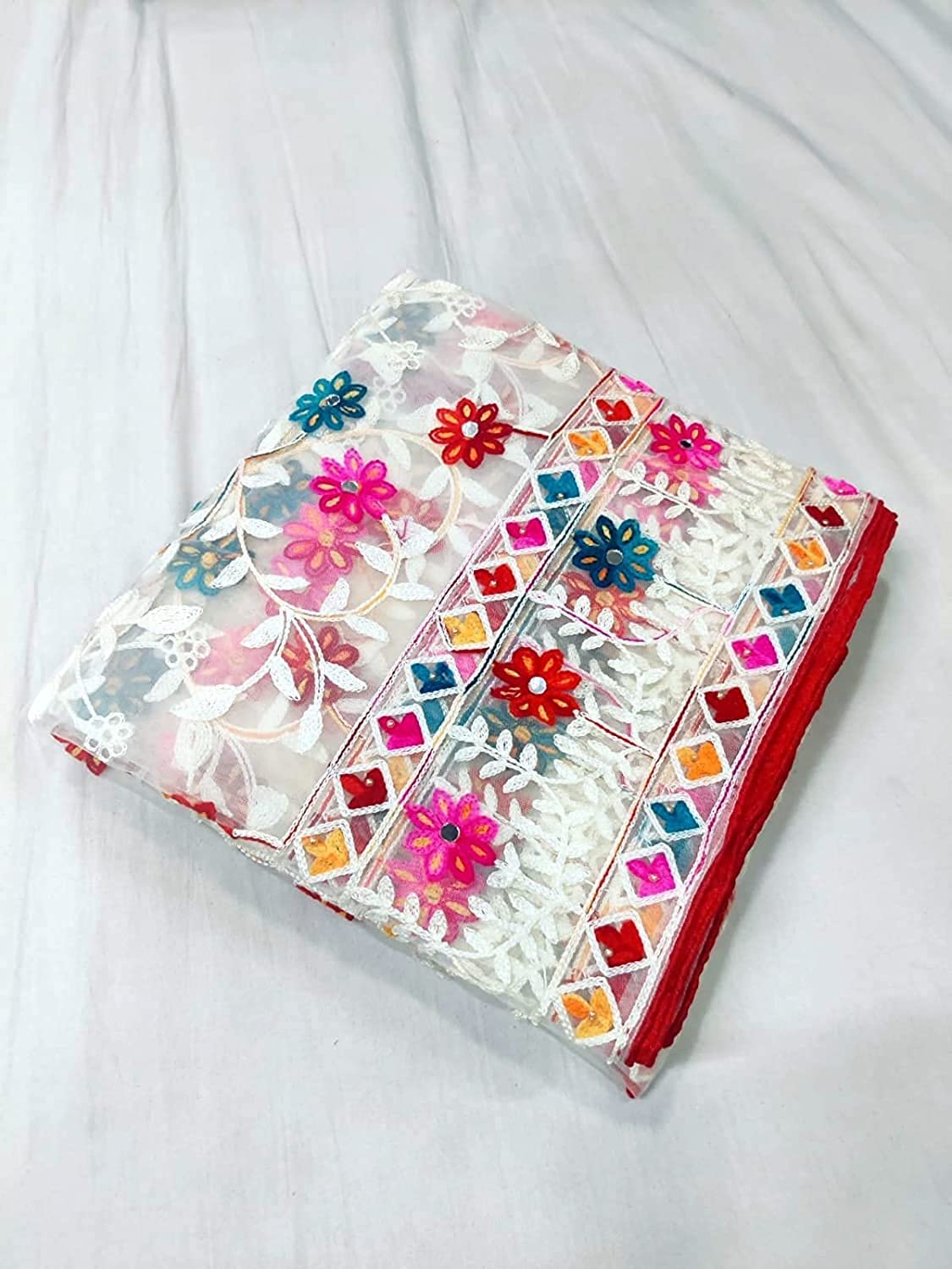 Glamika White Colour Net Embroidered Fancy Phulkari Dupatta for women (White, 2.2 meters)