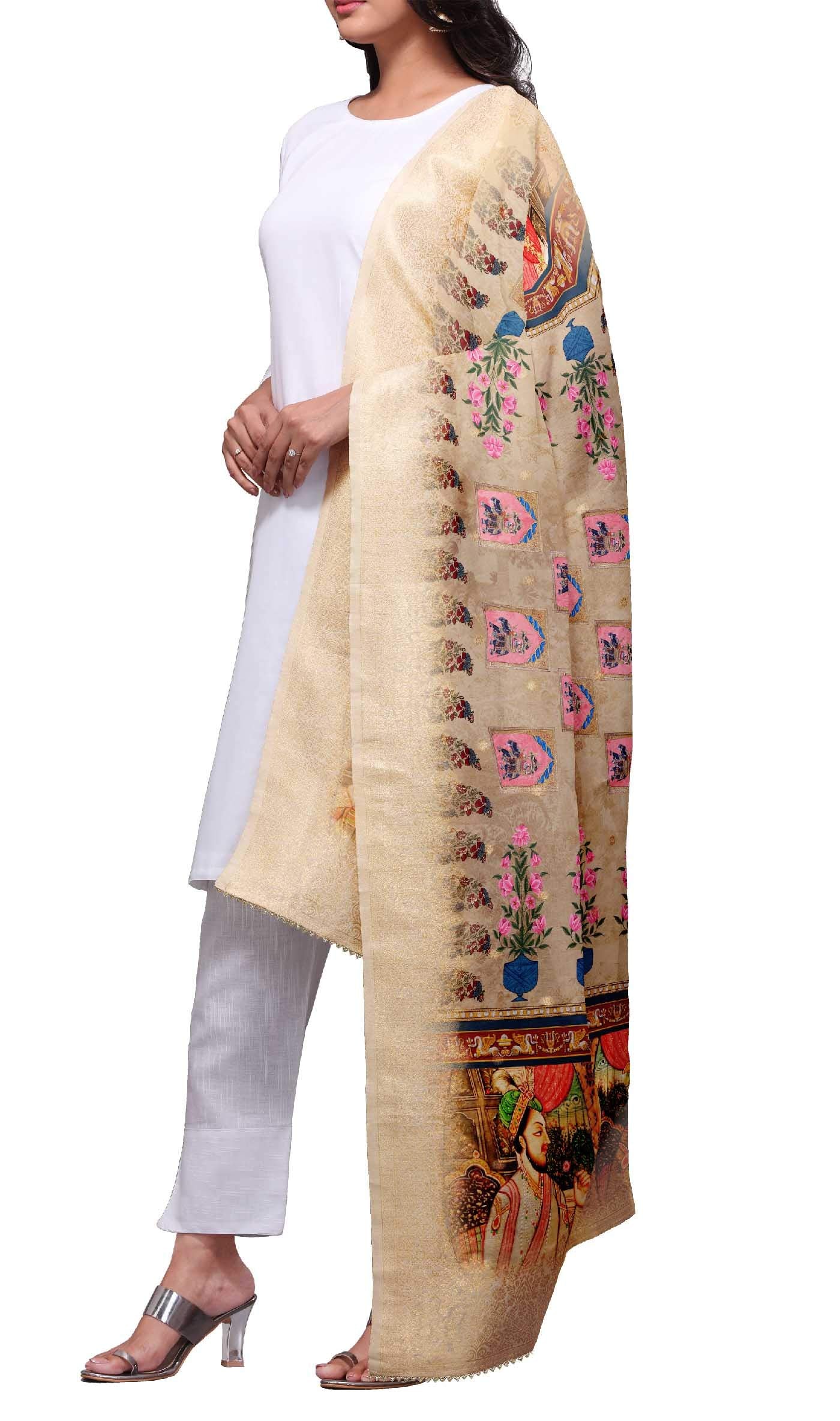 SAMEEHA Women's Printed Silk Cotton Dupatta (SMDP-3114_Beige_Free Size)