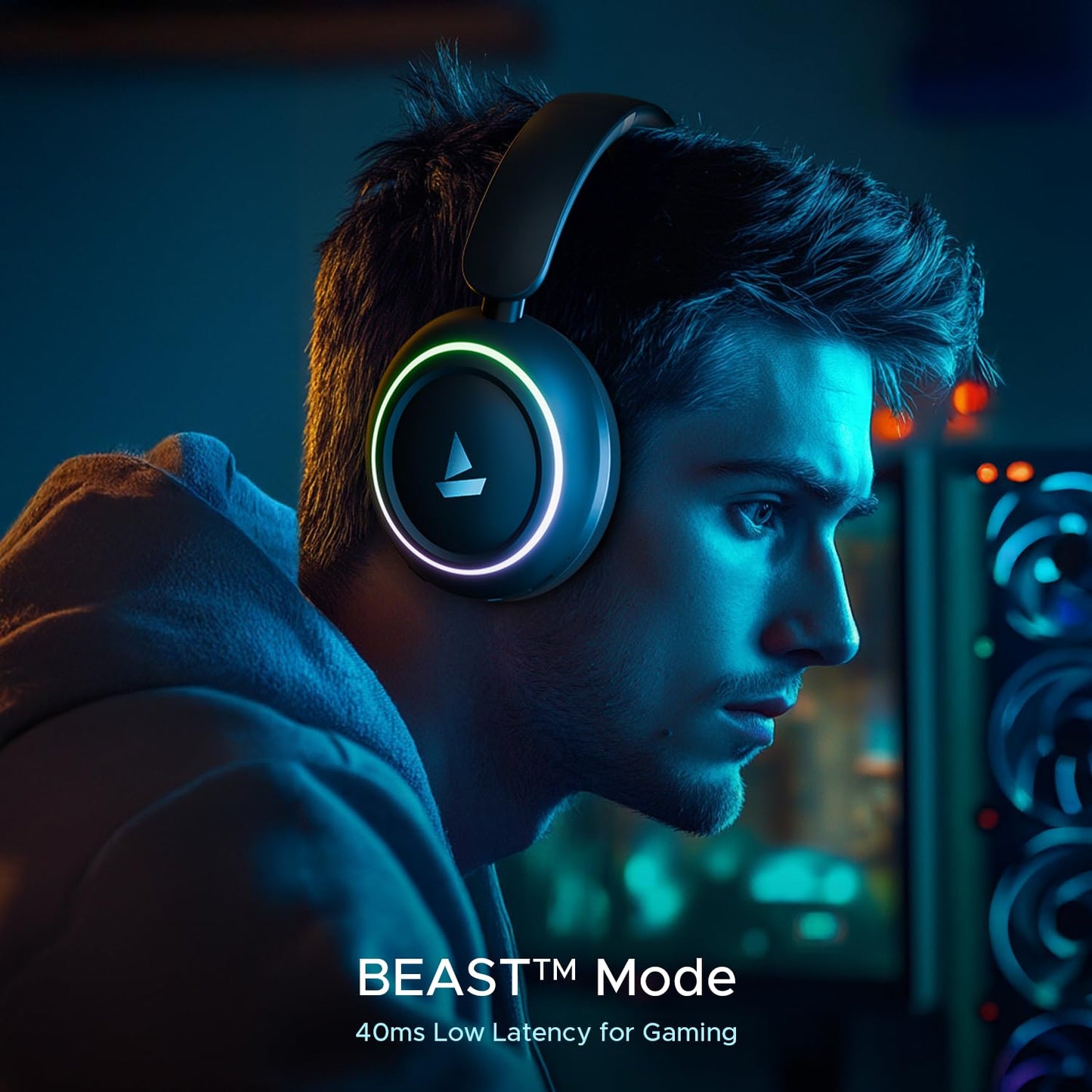 boAt Rockerz 480, RGB LEDs,6 Light Modes, 40mm Drivers,Beast Mode, 60H Battery, ENx Tech, Stream Ad Free Music via App Support, Bluetooth Headphones, Wireless Over Ear Headphone with Mic (Black Sabre)