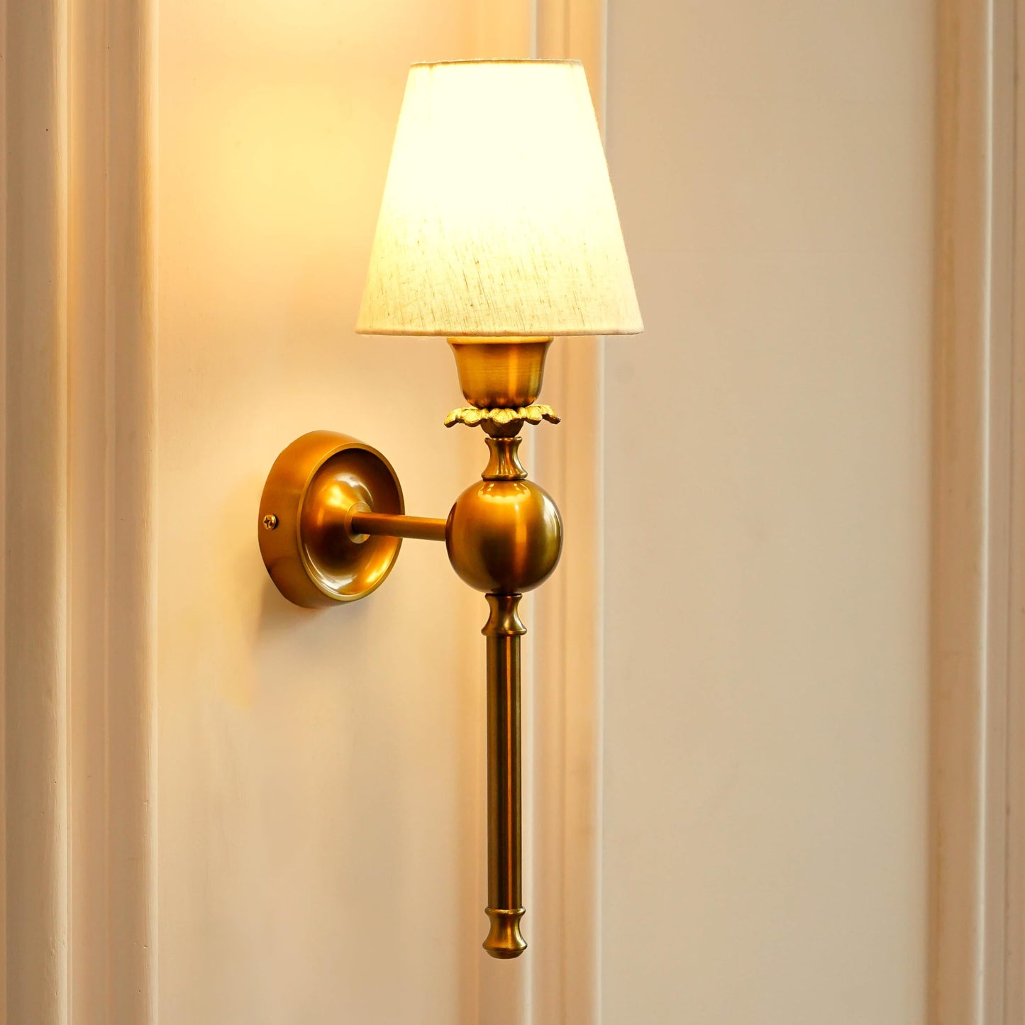 Divine Trends Brass Antique Finish Wall Lamp with Off White Cotton Fabric Shade for Bedroom, Living Room, Home Decoration Pack of 1 Wall Light