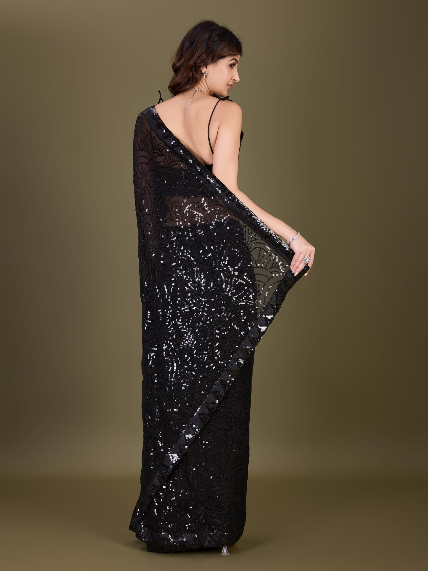 TRENDMALLS Women's Georgette Sequence Embroidery WorkSaree with Blouse Piece (1009-Black-)