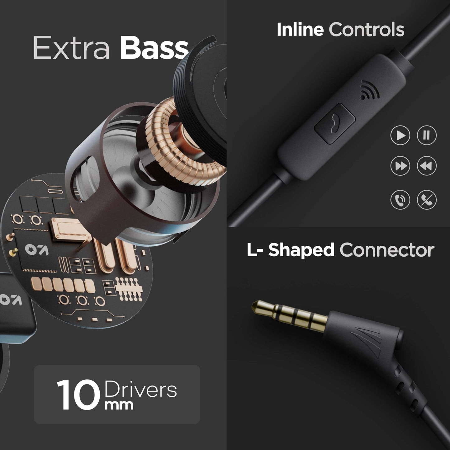 GOBOULT BassBuds X1 in-Ear Wired Earphones with 10mm Extra Bass Driver and HD Sound with mic (Black)