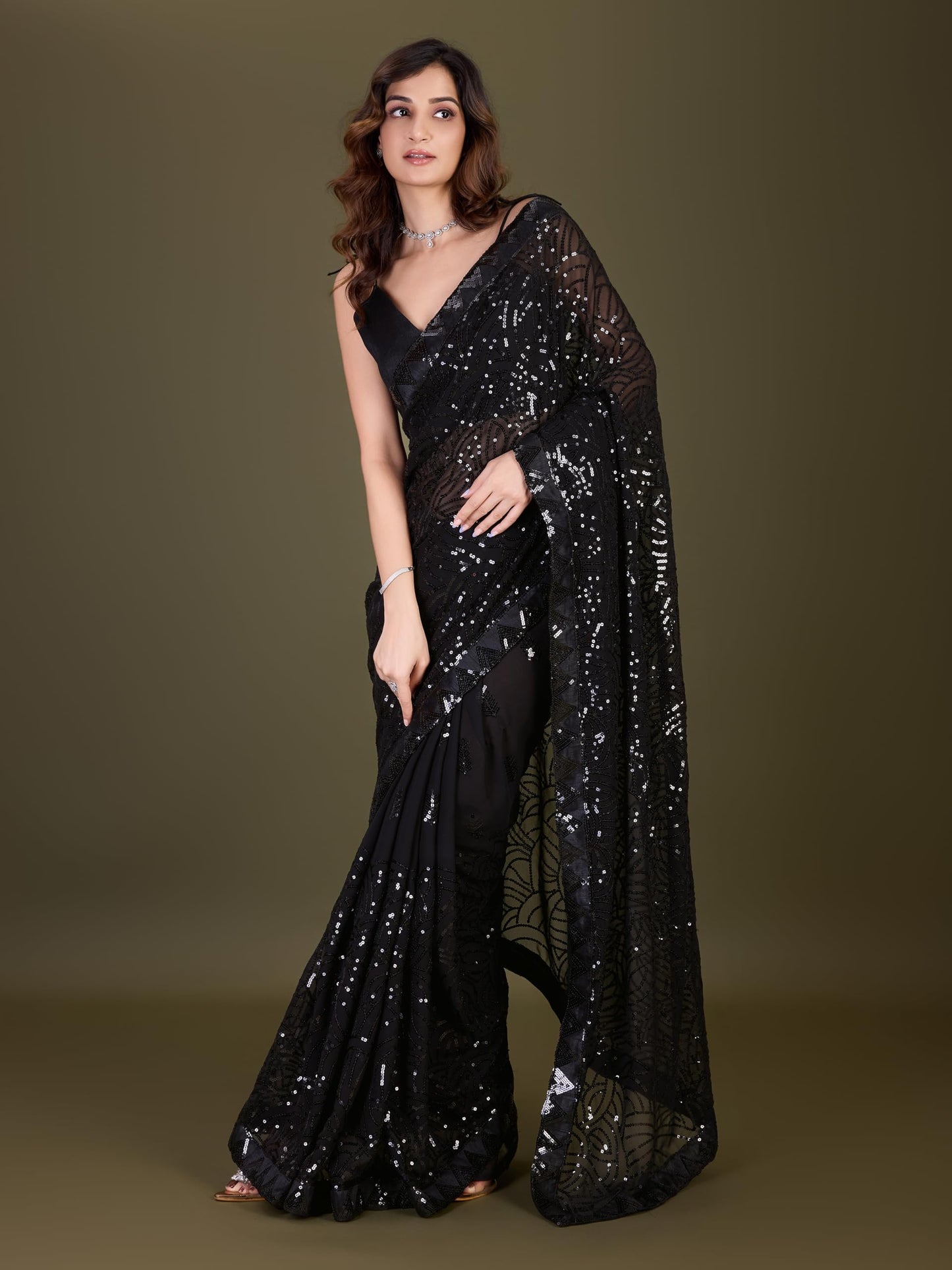 TRENDMALLS Women's Georgette Sequence Embroidery WorkSaree with Blouse Piece (1009-Black-)