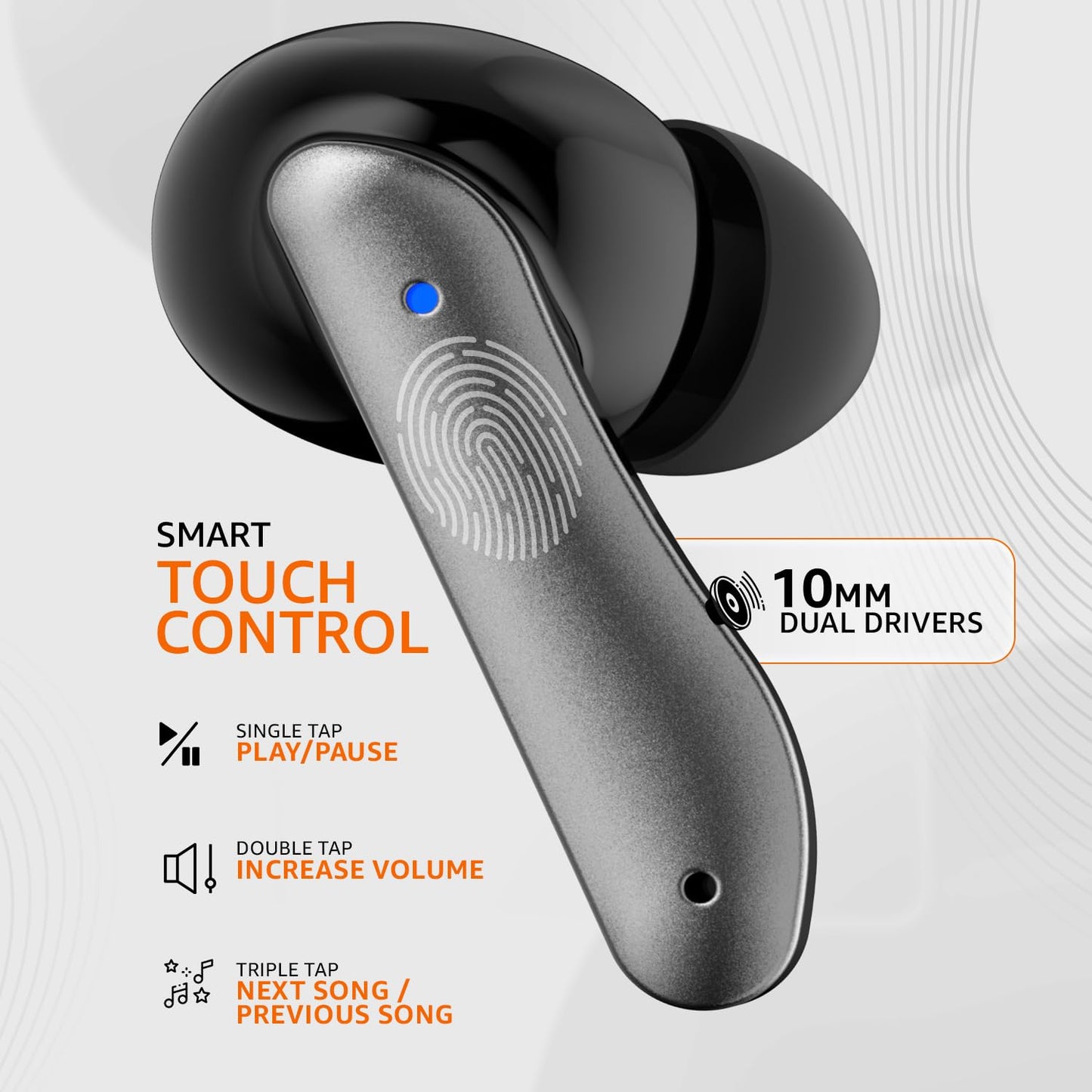 amazon basics TWS in-Ear Earbuds (AB-T01B) with Fast Charging up to 80 Hours of Playtime | Dual 10mm Driver | IPX4 Water-Resistance | Bluetooth 5.3 | Charging Case with Mic | Touch Control (Grey)