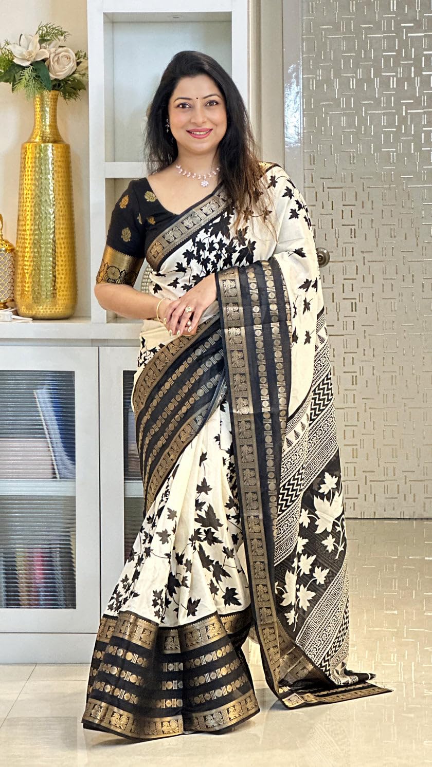 Yashika Women's Floral Printed White Dola Silk Jacquard Saree With Unstitched Blouse Material For Women (AZ-YS-OG-GYANI WHITE BLACK)