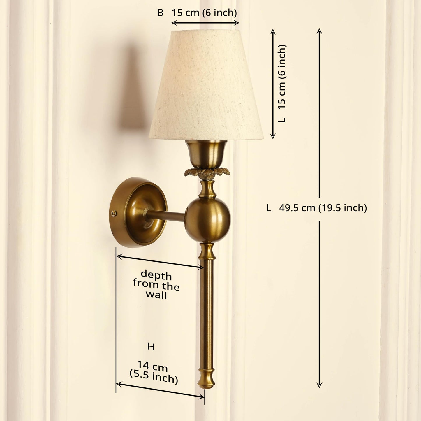 Divine Trends Brass Antique Finish Wall Lamp with Off White Cotton Fabric Shade for Bedroom, Living Room, Home Decoration Pack of 1 Wall Light