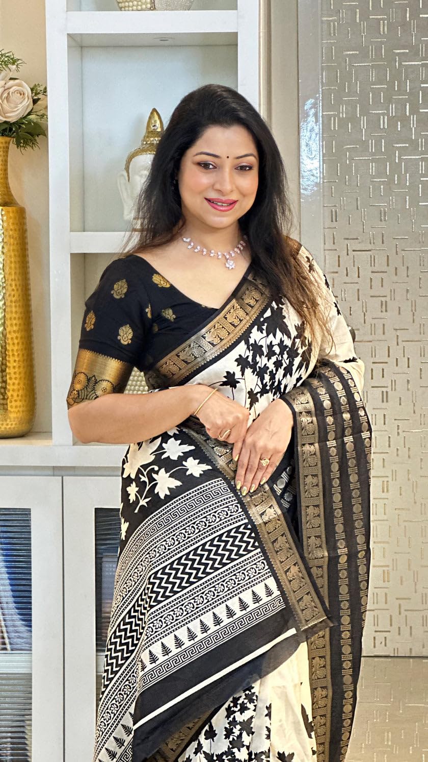 Yashika Women's Floral Printed White Dola Silk Jacquard Saree With Unstitched Blouse Material For Women (AZ-YS-OG-GYANI WHITE BLACK)