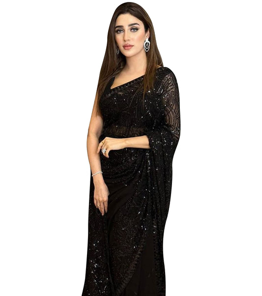 TRENDMALLS Women's Georgette Sequence Embroidery WorkSaree with Blouse Piece (1009-Black-)