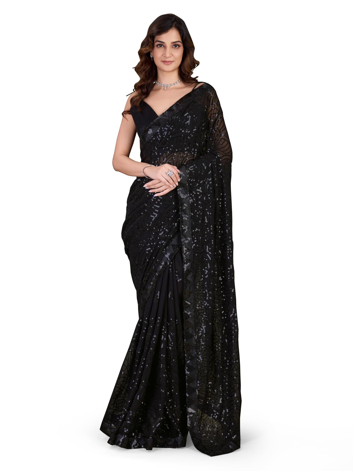 TRENDMALLS Women's Georgette Sequence Embroidery WorkSaree with Blouse Piece (1009-Black-)