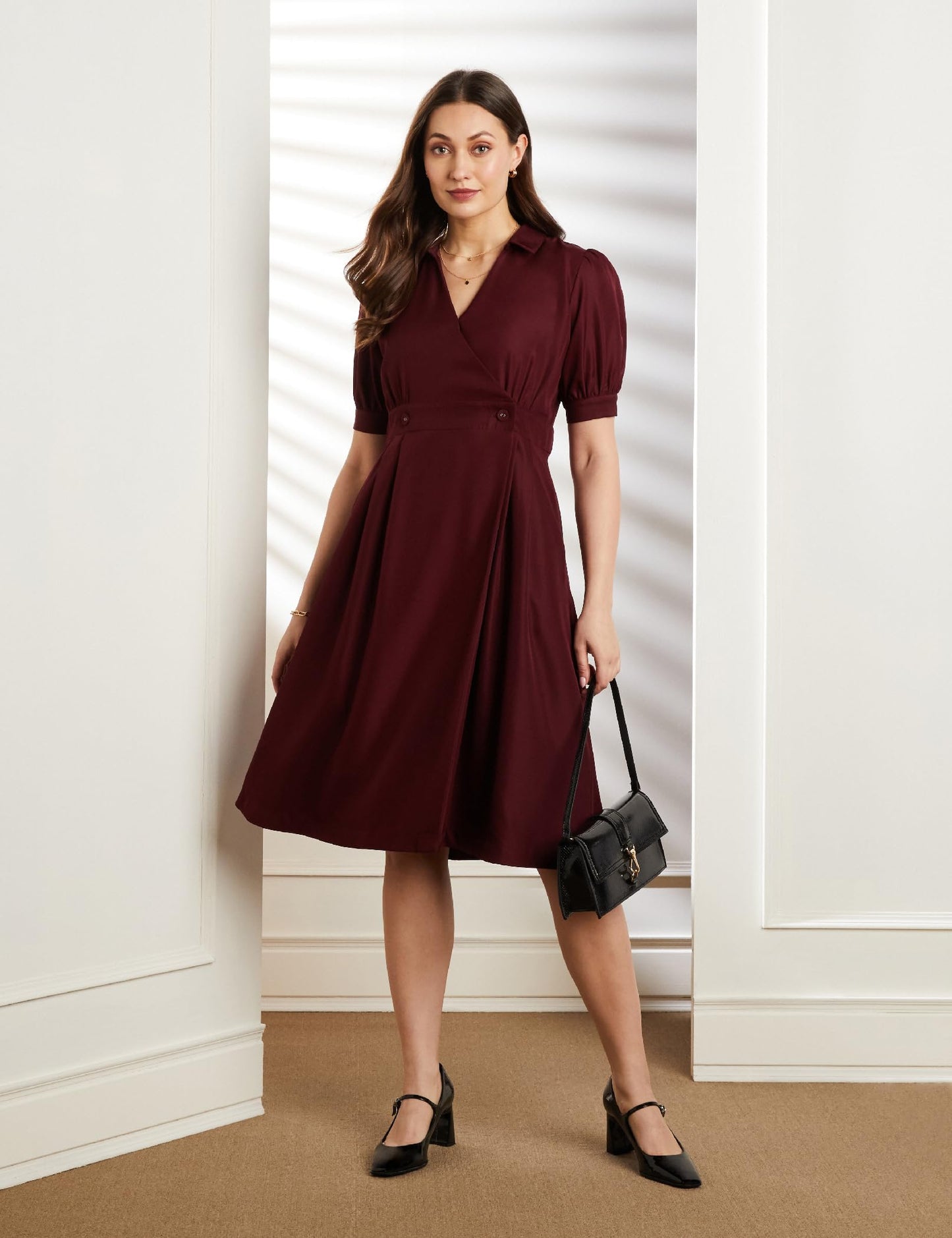 Symbol Premium Women's Polyester Fit and Flare Midi Dress (SBP-SS24-WDR-607_Wine_XL)