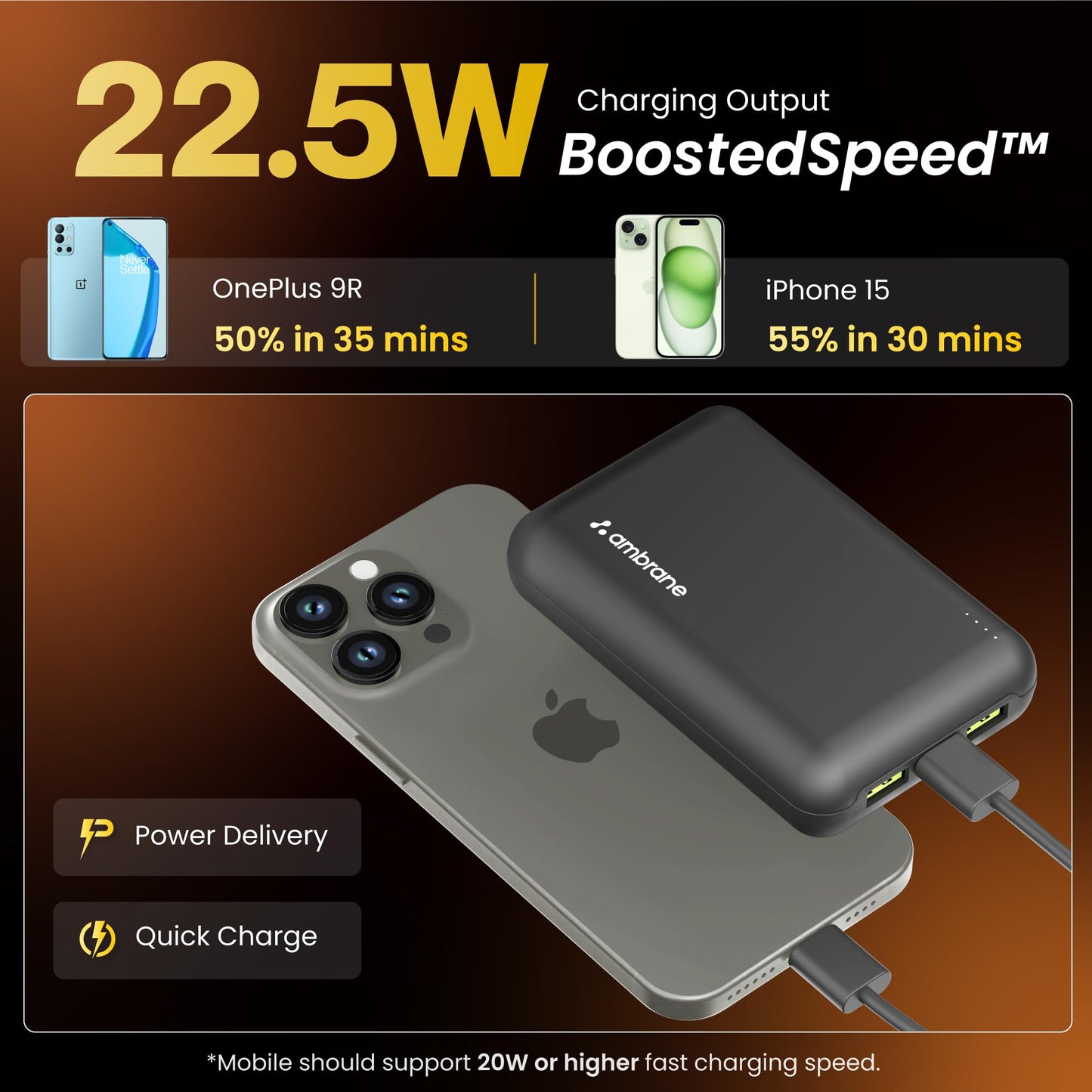 Ambrane 20000 mAh Mini Power Bank with 22.5W Fast Charging, Pocket Size, Triple Output, Type C PD (Input & Output), Li-Polymer, Made in India + Type C Cable (Powerlit XL Lite, Yellow)