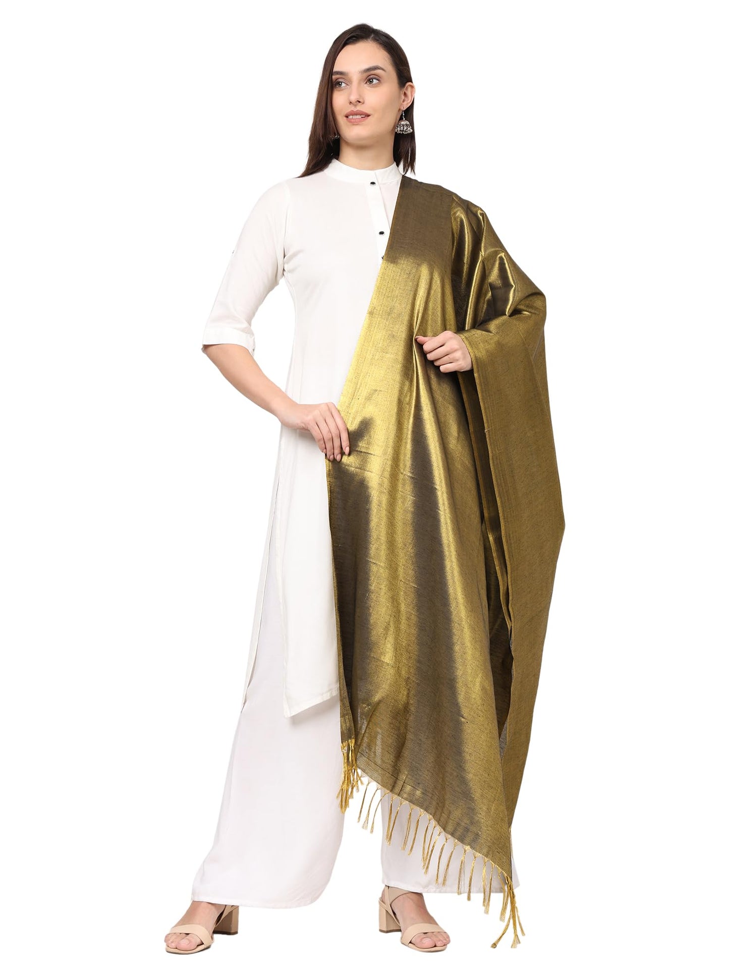 Fashily Women's Soild Silk Plain Dupatta | Shiny Jari Dupatta | Length 2.25m (Golden Black), Free Size
