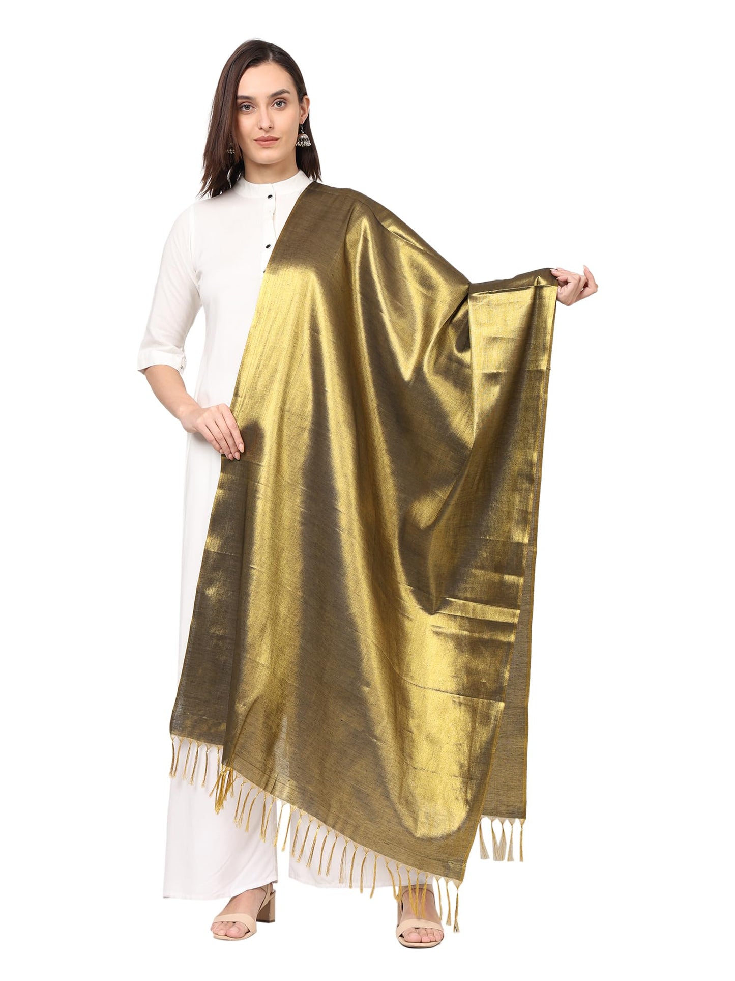 Fashily Women's Soild Silk Plain Dupatta | Shiny Jari Dupatta | Length 2.25m (Golden Black), Free Size