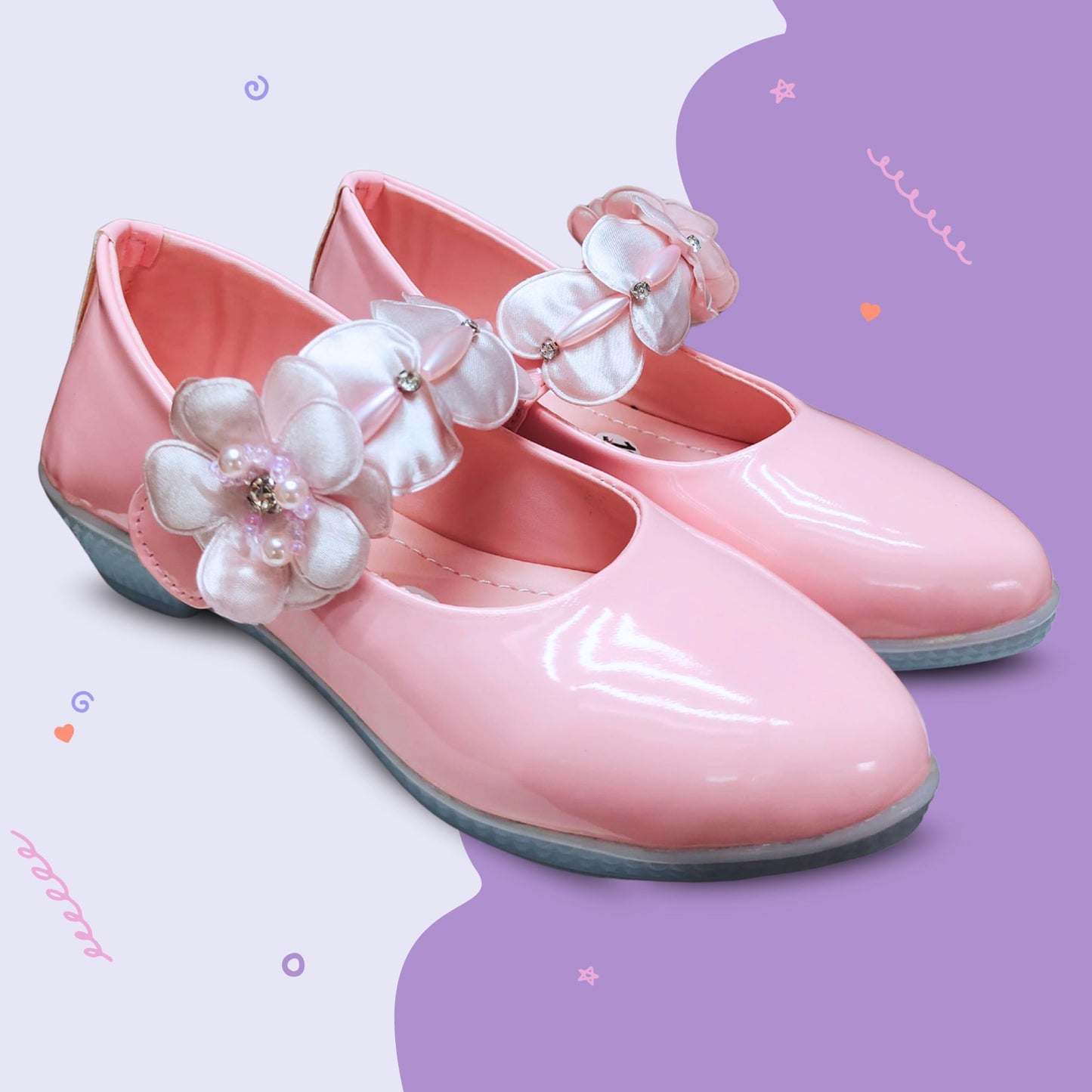 TrendStation:- Girls' Patent Mary Jane Shoes with Floral Embellishment, Attractive Colour's, Pearl Flower Welcro Bellies |DMND-3| (Pink, UK Footwear Size System, Toddler, Numeric, Medium, 2)