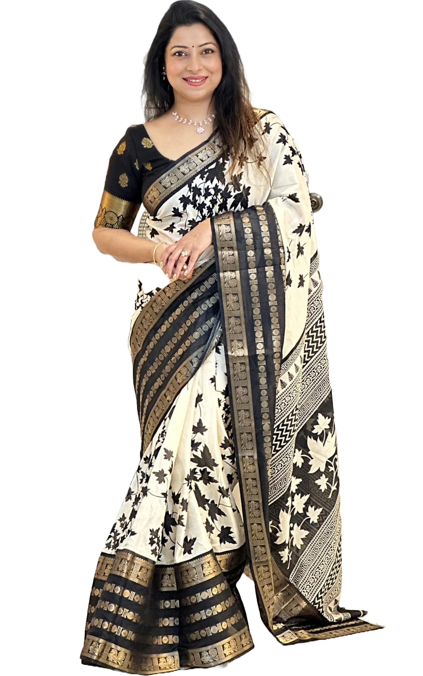 Yashika Women's Floral Printed White Dola Silk Jacquard Saree With Unstitched Blouse Material For Women (AZ-YS-OG-GYANI WHITE BLACK)