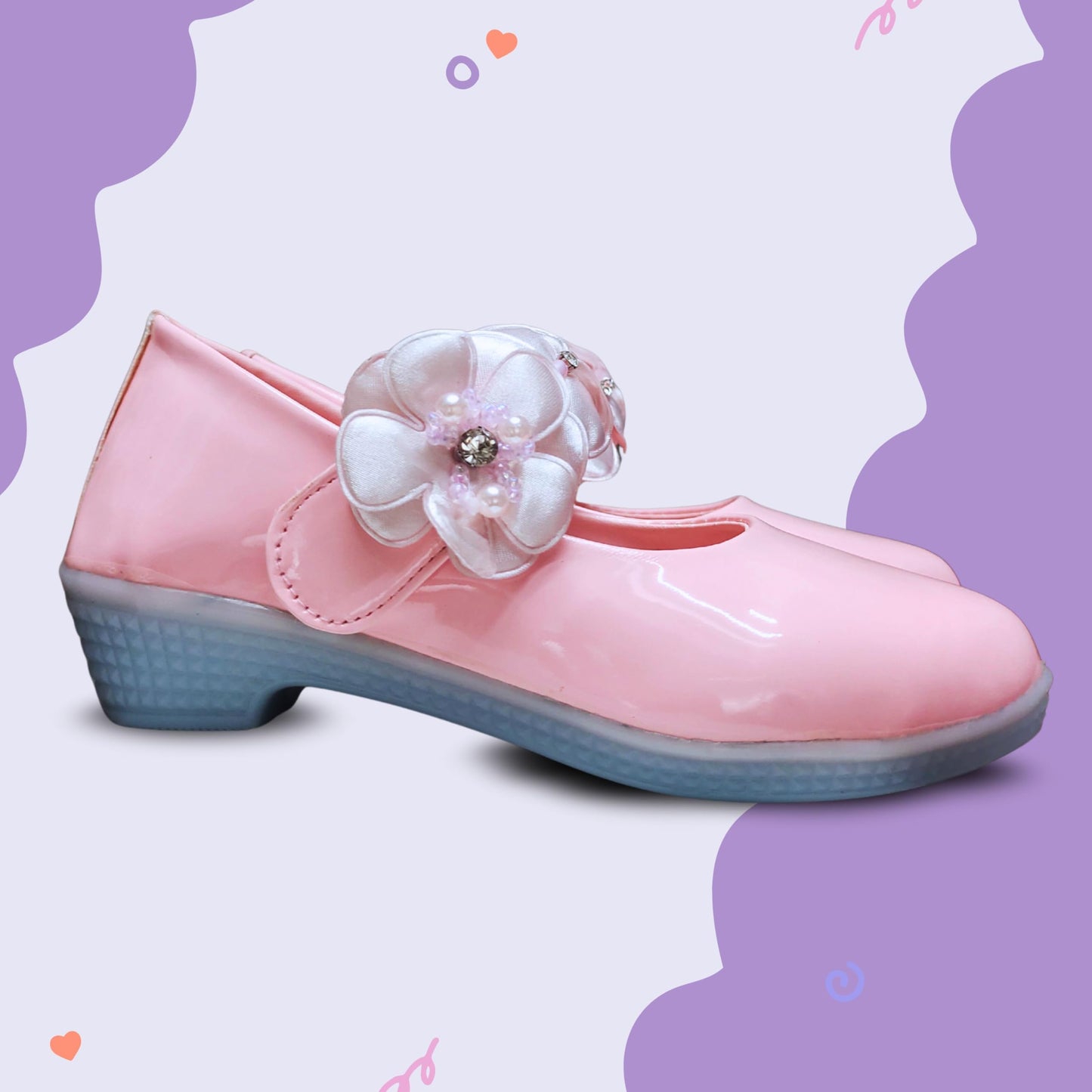 TrendStation:- Girls' Patent Mary Jane Shoes with Floral Embellishment, Attractive Colour's, Pearl Flower Welcro Bellies |DMND-3| (Pink, UK Footwear Size System, Toddler, Numeric, Medium, 2)