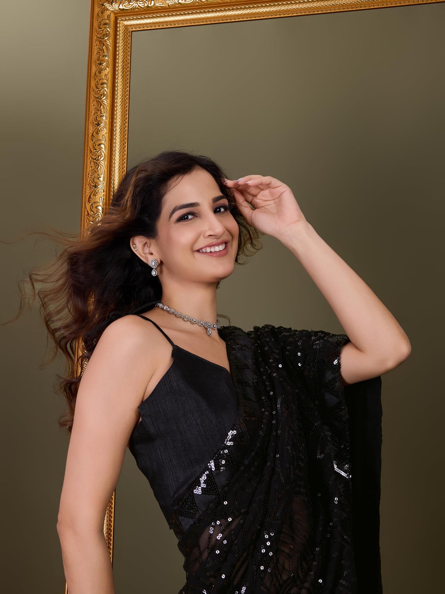 TRENDMALLS Women's Georgette Sequence Embroidery WorkSaree with Blouse Piece (1009-Black-)