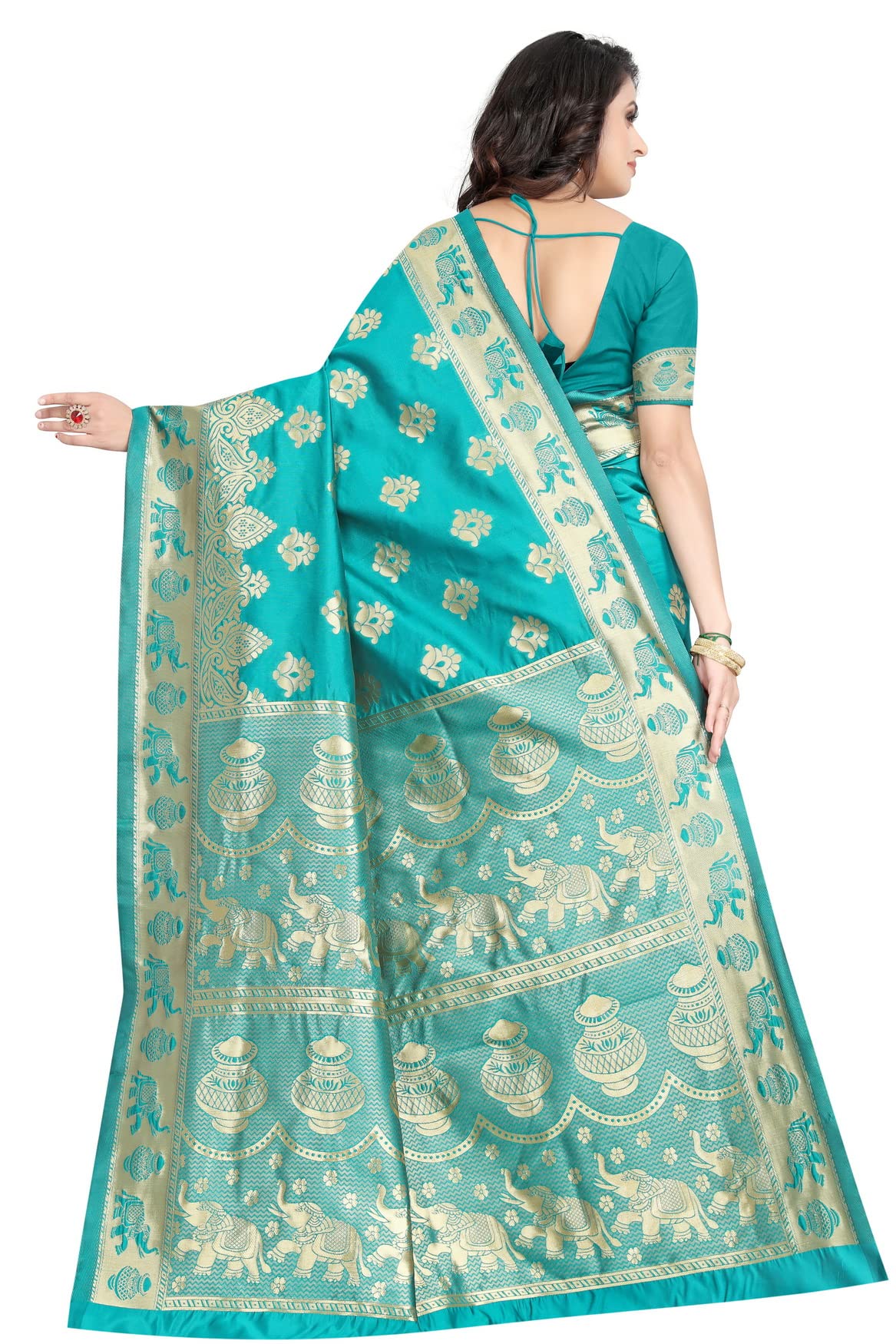 C J Enterprise Women's Pure Kanjivaram Soft Silk Saree Banarasi Design Wear Pattu Sarees Latest Party Cotton Sari collections With Blouse Piece for Wedding sadi new ladies 2025 (Pari9016-51) (Firozi)