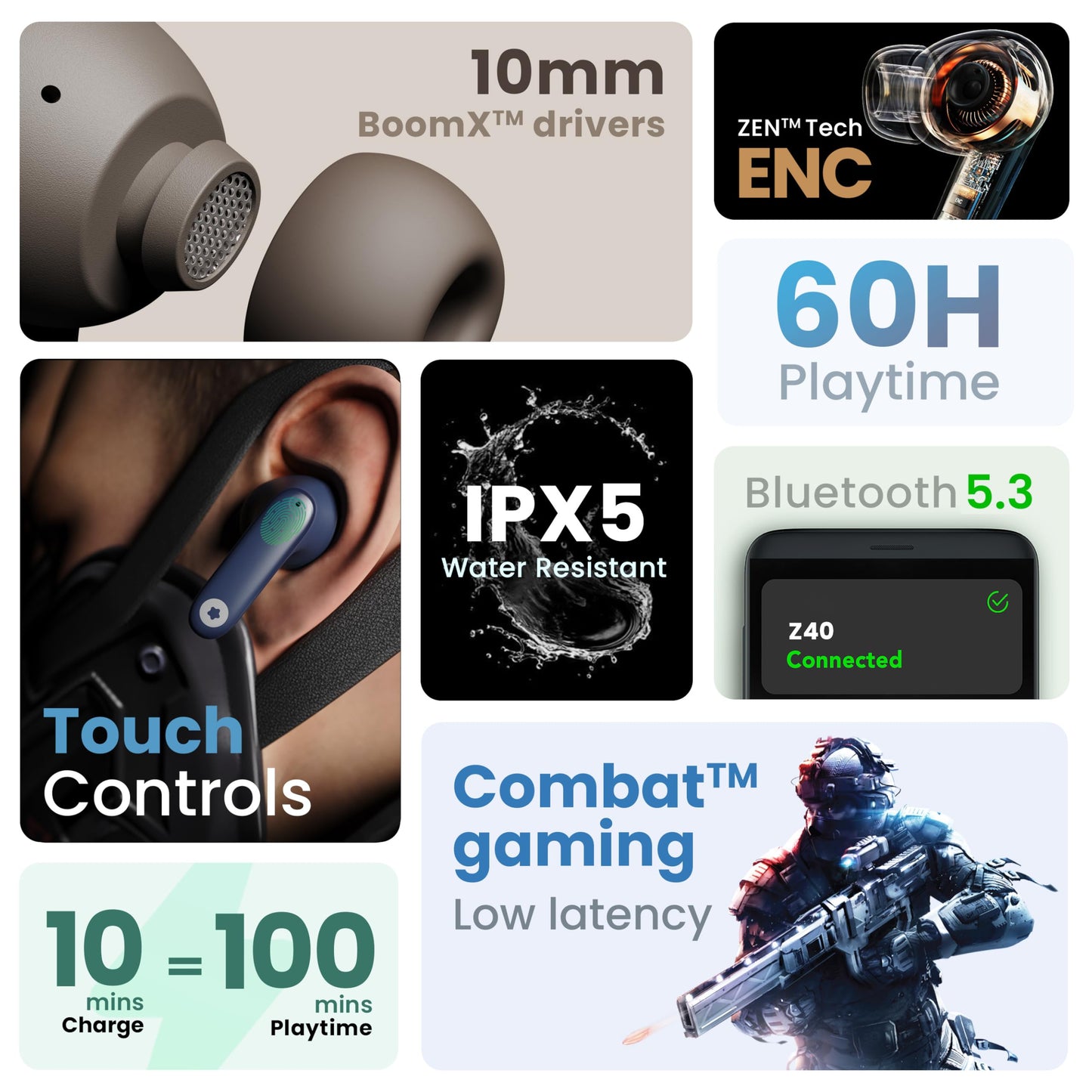 GOBOULT Z40 True Wireless in Ear Earbuds with 60H Playtime, Zen™ ENC Mic, Low Latency Gaming, Type-C Fast Charging, Made in India, 10mm Rich Bass Drivers, IPX5, Ear Buds TWS (Blue)