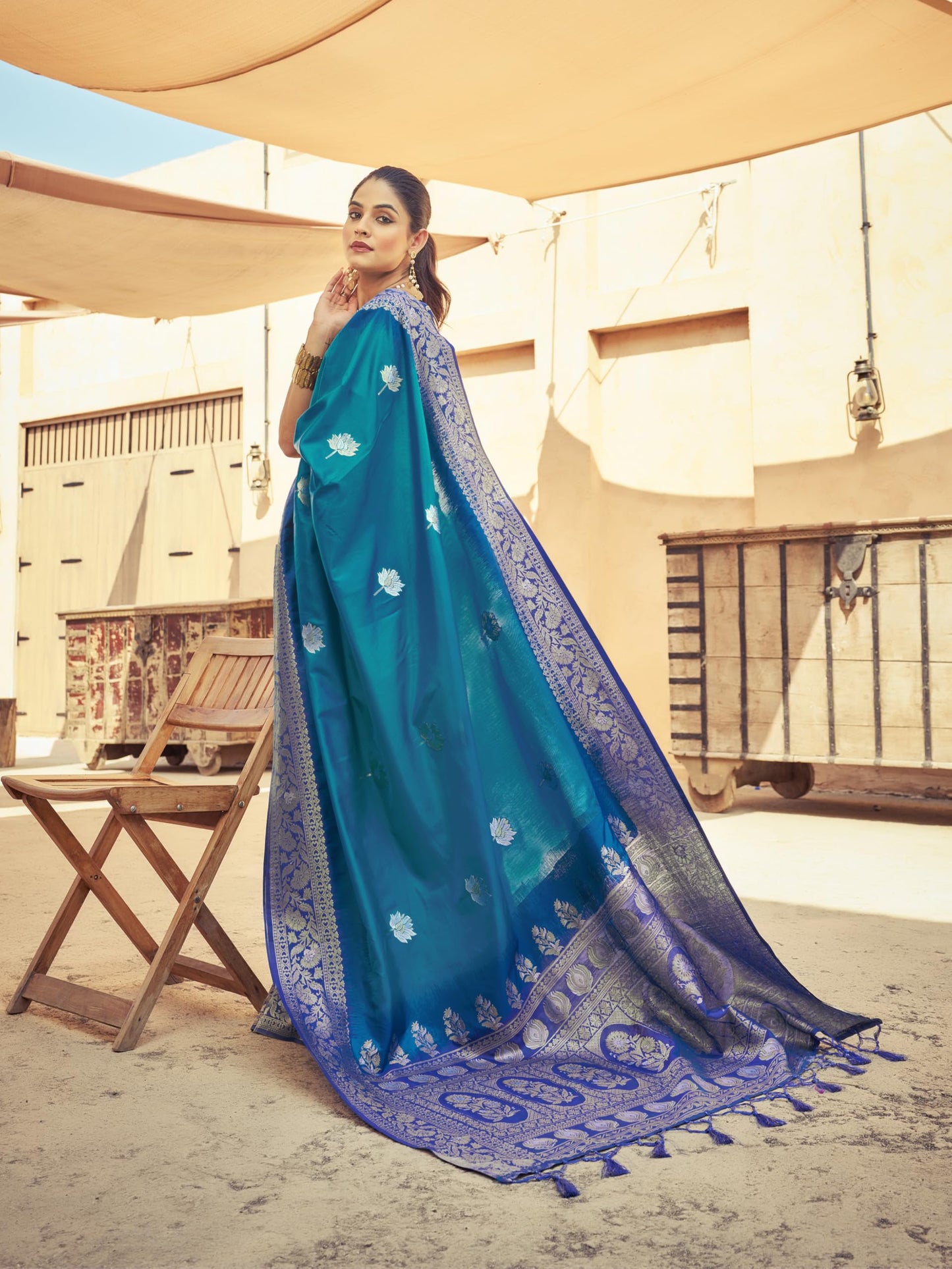 SWORNOF Women's Kanjivaram Soft Silk Banarasi Sarees With Unstiched Blouse Piece (BLUE)