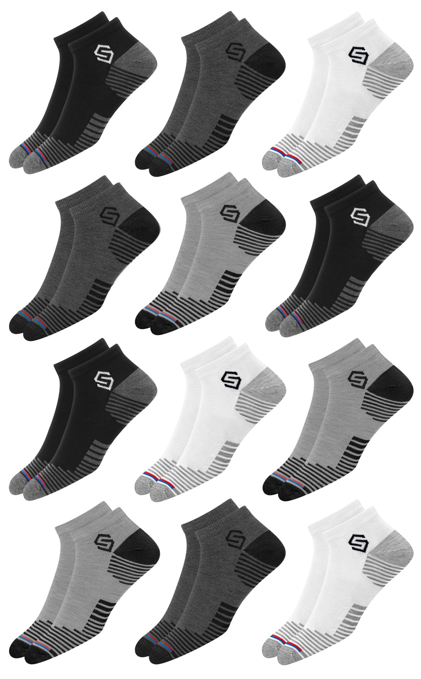 SWAGR 12 Pairs Sports Cotton Ankle Length Socks for Men, Pack of 12., Assorted