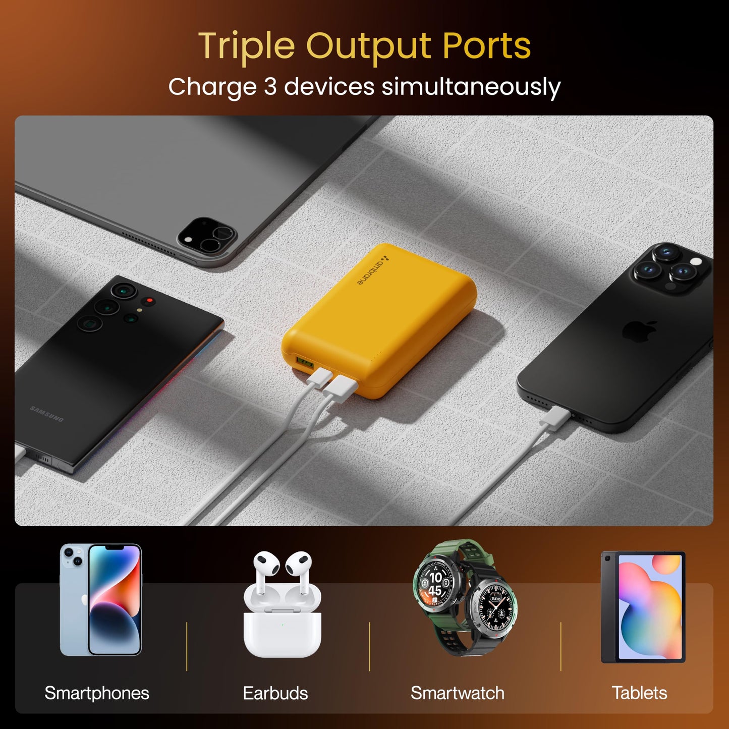 Ambrane 20000 mAh Mini Power Bank with 22.5W Fast Charging, Pocket Size, Triple Output, Type C PD (Input & Output), Li-Polymer, Made in India + Type C Cable (Powerlit XL Lite, Yellow)