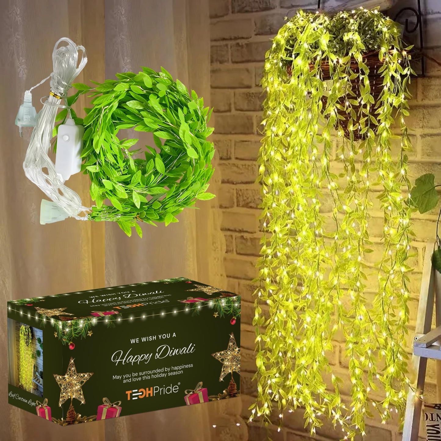 TechPride Leaf LED Curtain String Lights with Leaf Design | Warm White Decorative Fairy Lights for Bedroom, Living Room, Window, Wall, Wedding, Festival, Party & Home Décor (1 Pc, Plug Powered)